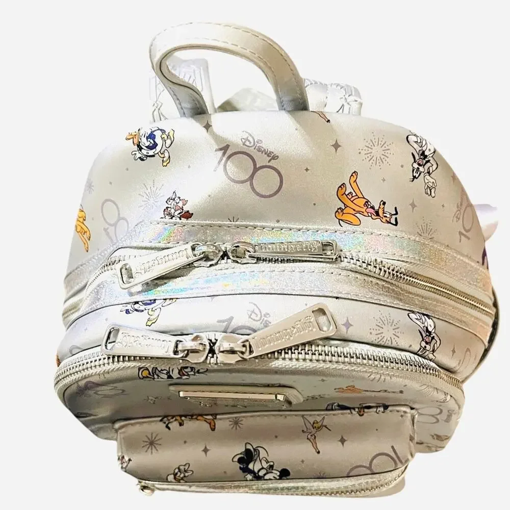 LOUNGEFLY DISNEY PARKS 100th ANNIVERSARY Backpack Bag Silver FAST SHIP 3085-1